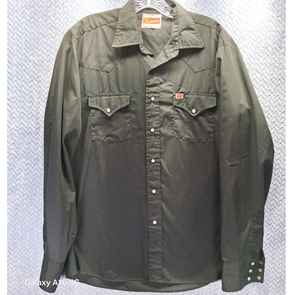 Vintage Ely Plains Mens Western Pearl Snap Shirt Black‎ Long Sleeve 16-34 L